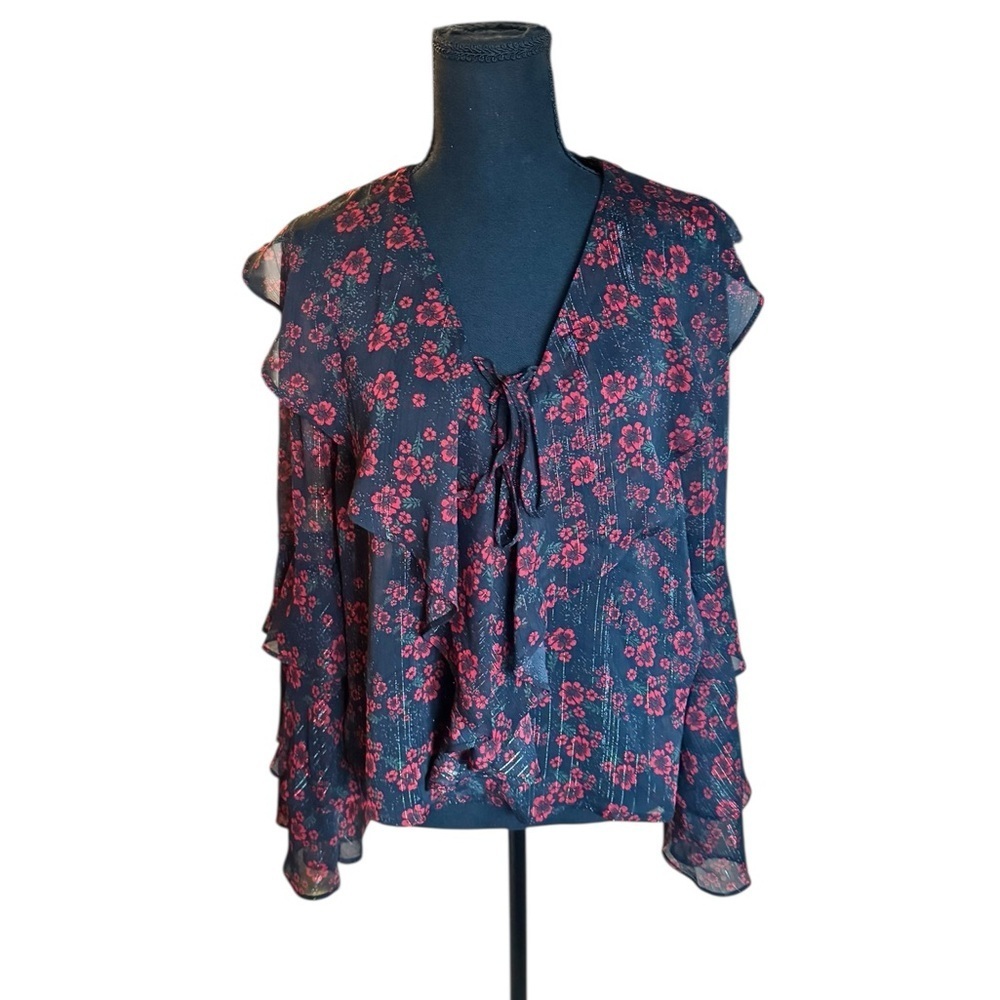Endless Rose Sheer Floral Ruffle Blouse Black Red Bell Sleeve Boho Romantic M P2